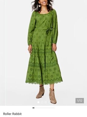 Roller Rabbit Olive Eyelet Tie-Waist Midi Dress